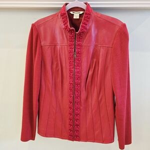 NYGARD COLLECTION Women's Red Leather Jacket Knit Sleeves Ruffle Trim